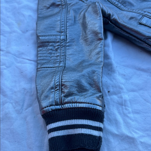 Oshkosh Genuine KIDS Metallic Silver Kids Bomber Varsity Jacket Striped Cuffs - Picture 4 of 7